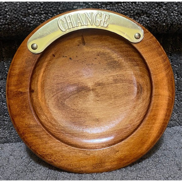 Vtg Wood w/ Brass Plate Embossed Change Mens Valet Tray Dish Bowl - Picture 1 of 7